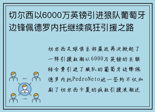 切尔西以6000万英镑引进狼队葡萄牙边锋佩德罗内托继续疯狂引援之路