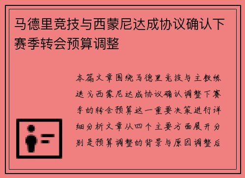 马德里竞技与西蒙尼达成协议确认下赛季转会预算调整